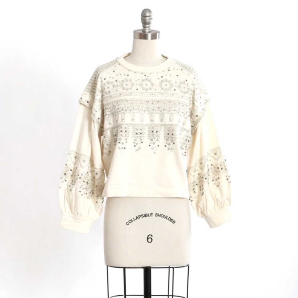 NWT PILCRO Anthropologie White cotton beaded rhinestone embroidered sweater Sz S